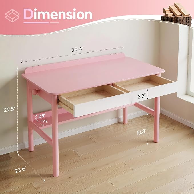 Solid Wood Study Desk & Home Office Writing Table with Drawers, 40" Vintage Mid Century Modern Computer Desk, Home Office Workstation for Bedroom, Small Spaces, Apartment(Pink,39.4 Inch Wide)