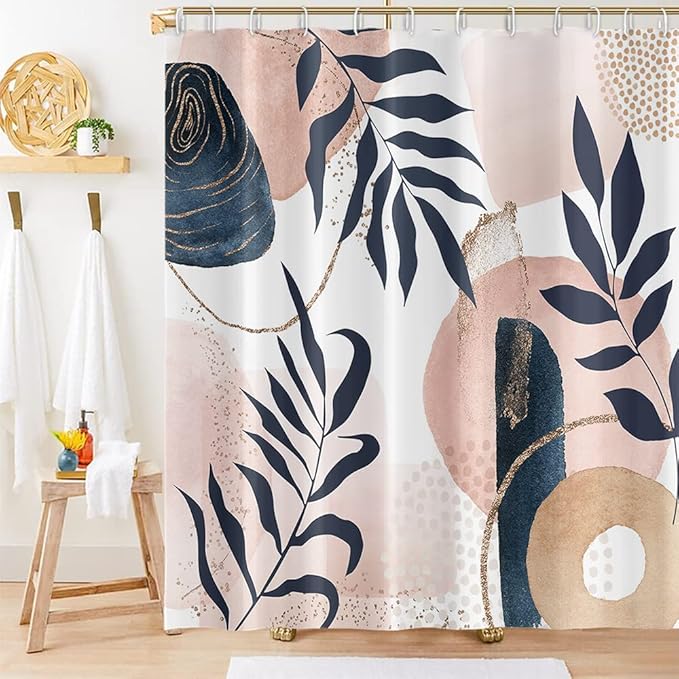 Abstract Boho Shower Curtain Mid Century Eucalyptus Leaves Botanical Pink Chic Pattern for Women Minimalist Bathroom Decor Accessories Shower Curtain Set with 12 Hooks, 72x96 Inches