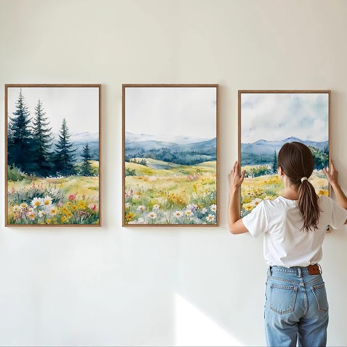 KaiWithYuan Watercolor Mountain Woodland Framed Canvas Wall Art, Nature Pine Tree Forest Wall Decor, Modern Daisy Flower Art Paintings, Cozy Meadow Artwork for Bedroom Living Room Office 16"x24"x3