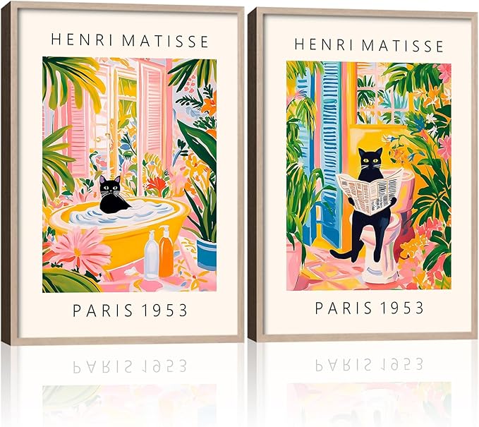 2Pcs Wood Framed Matisse Black Cat Wall Art Decor Painting Modern Art Canvas Print Vintage Color Poster Bathroom Bedroom Living Room Wall Decor Gallery Style Home Artwork 16X24Inch