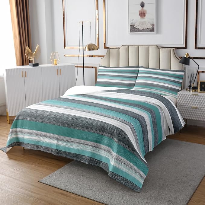 Erosebridal Grey White Teal Bedspread Twin Size Abstract Art Quilt Set, Geometric Stripe Coverlet Set Grunge Aesthetic Bedding Set, Boho Hippie Modern Bed Cover 2pcs with 1 Pillow Case