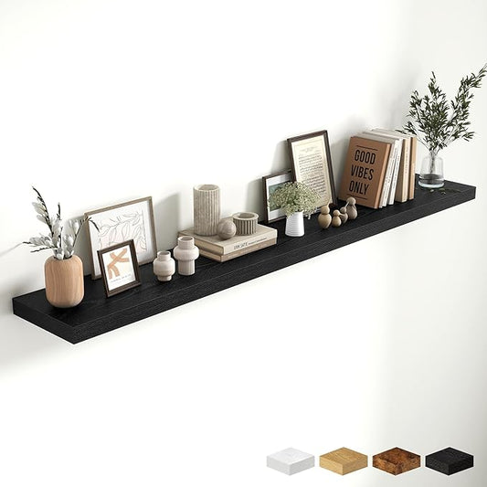 Fun Memories 72 Inch Fireplace Mantel Shelf, 10 Inch Deep Shelves for Display & Wall Storage, Rustic Wood Wall Shelf, Extra Long Floating Shelves for Living Room Laundry Room, Black, Set of 1