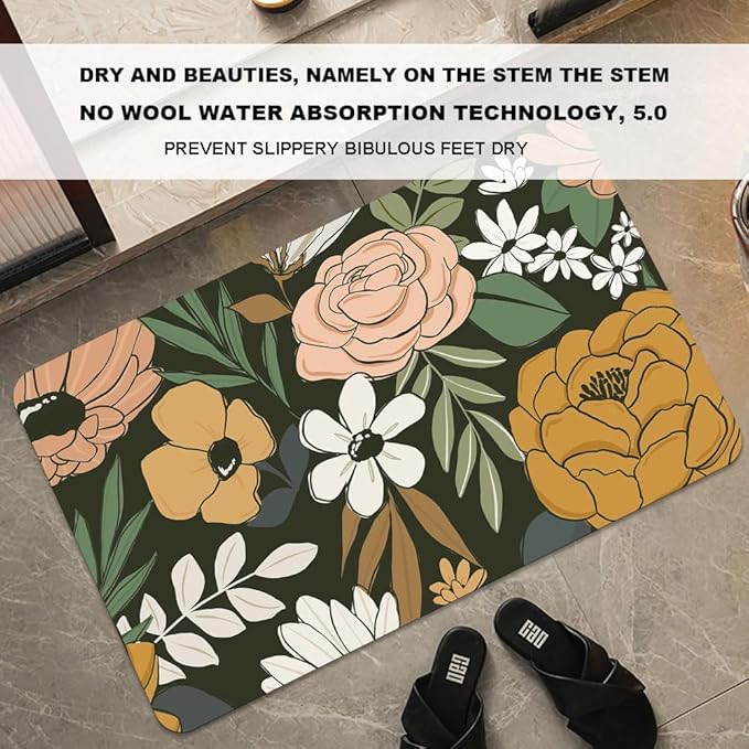 Bath Mat Rug,Vintage Large Floral Non Slip Quick Dry Super Absorbent Thin Bathroom Rugs Fit Under Door-Easy to Clean Bathroom Floor Mats-Shower Rug for Shower Sink Bathtub(20" x 31"in)