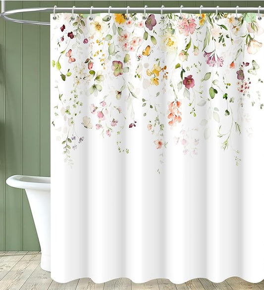 Spring Flower Extra Long Shower Curtain, Floral Colorful Nature Machine Washable Waterproof for Bathroom Bathtub Decor with Hooks 72Wx78H