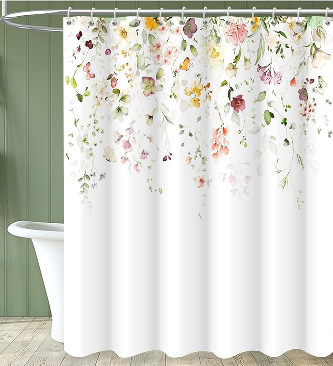 Spring Flower Shower Curtain, Floral Plant Machine Washable Waterproof Fabric Stall Size for Bathroom Bathtub Decor with Hooks 60Wx72H
