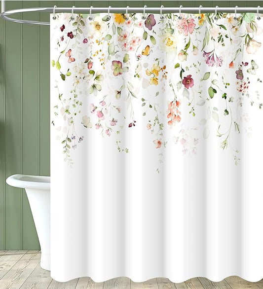 Floral Shower Curtain, Watercolor Flower Colorful Wildflower Machine Washable Waterproof Fabric for Bathroom Bathtub Decor with Hooks 72x72