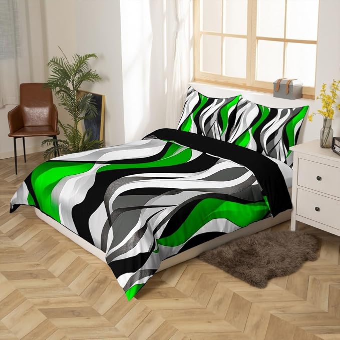 Green Black Stripes Duvet Cover Set Twin Size,Abstract Simple Wave Striped Bedding Set,Boys Girls Room Decor,Contemporary Art Geometric Comforter Cover,Comfy Quilt Cover,1 Pillowcase(No Filler)