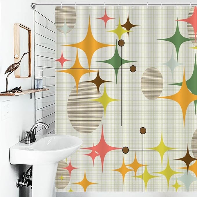 Mid Century Modern Shower Curtain for Bathroom, Rustic Pink Orange Stars Abstract Geometric Atomic Vintage 1950s 1960s Waterproof Fabric Shower Curtain Set with Hooks, 72"x84"