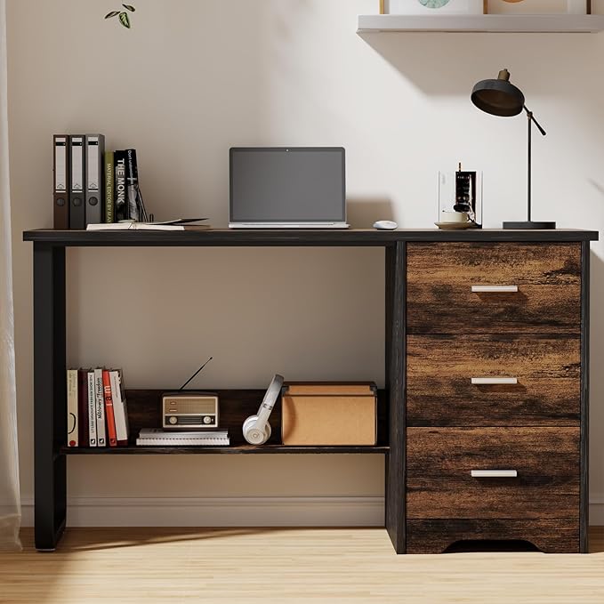 MaverickFurni Small Computer Desk with Drawers, 47 Inch Home Office Desk with 3 Drawers & Bottom Shelves, Study Desk with Storage for Bedroom, Writing and Work, Black and Brown