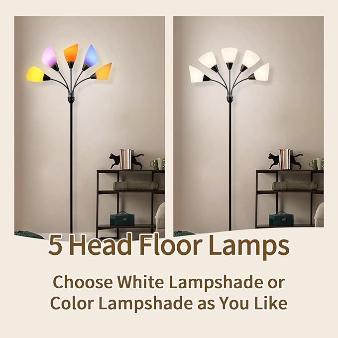 Medusa Floor Lamp, Multi Head 5 Light Floor Lamp for Bedroom with 10 Lampshade, Adjustable Neck Reading Standing Lamp for Living Room,Office,Kids,Classroom (Black)