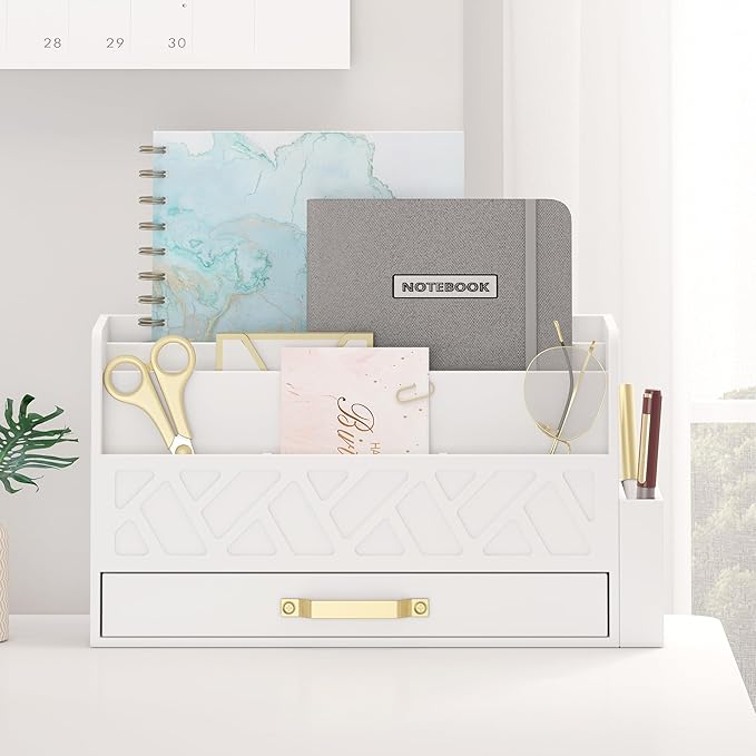 Wooden Desk Organizer,Desktop Organizer File Sorter for Office Supplies, Mail Organizer with Drawer,Desk Accessories & Workspace Organizers for Women （White）