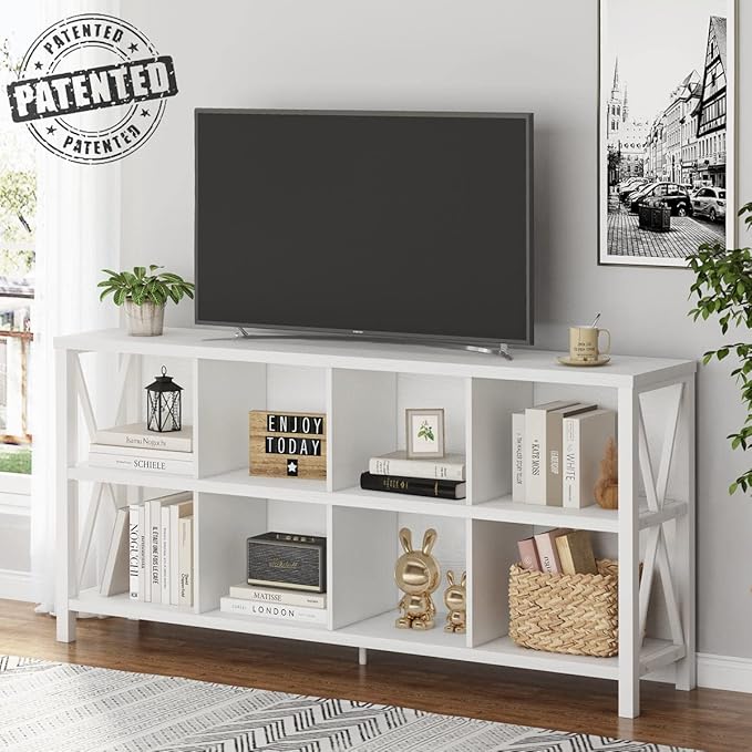 FATORRI 8 Cube Storage Organizer Bookshelf, 62 Inch Modern Wood Horizontal Bookcase, Farmhouse Cube Long Book Shelf, TV Console Stand for Living Room (White Oak)