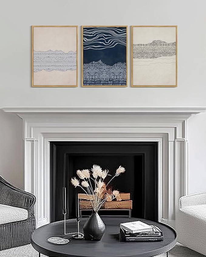 KUVIOKE Navy Blue Abstract Shapes Framed Canvas Wall Art Minimalist Wooden Pastel Boho Wall Decor Modern Neutral Farmhouse Rustic Art Painting for Bedroom Dining Room 12x16in (Natural Framed)