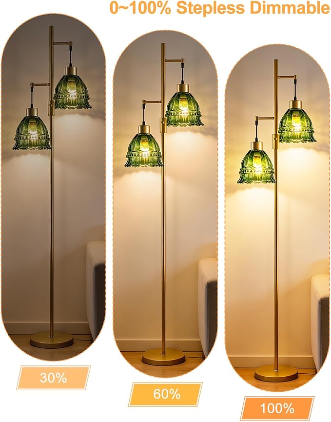 2-Light Modern Glass Floor Lamp, Gold Tall Standing Lamp with Green Lace Glass Shade for Reading, Dimmable LED Floor Lamp with 5Lbs Heavy Base for Living Room Bedroom Home Decor, Bulb Included