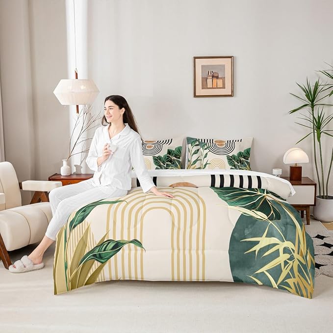 Erosebridal 7 Pcs Mid Century Boho Comforter Set Queen Size Abstract Art Simple Bedding Sets,Minimalist Tropical Palm Leaves Bed in a Bag Modern Bohemian Style Quilt with Flat Fitted Sheet,Green Gold
