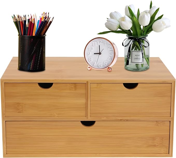 Bamboo Desk Organizer Small Retro Bamboo Tabletop Storage Box with Drawers& Recess Handles for Office Home Supplies Table Storage Collector 13 * 7.5 * 6in (3 Drawers/2 Top&1 Bottom)