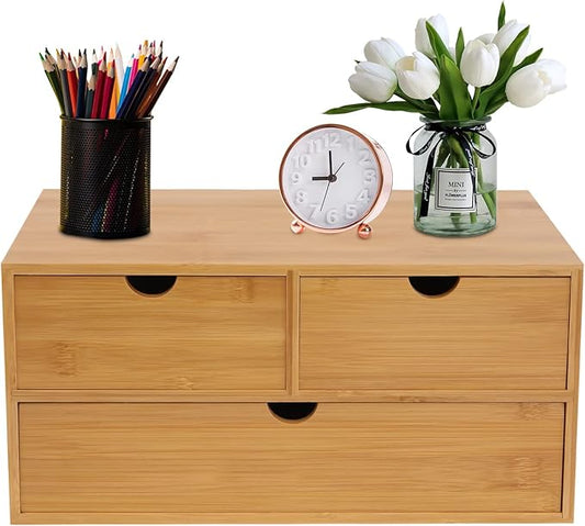 Bamboo Desk Organizer Small Retro Bamboo Tabletop Storage Box with Drawers& Recess Handles for Office Home Supplies Table Storage Collector 13 * 7.5 * 6in (3 Drawers/2 Top&1 Bottom)