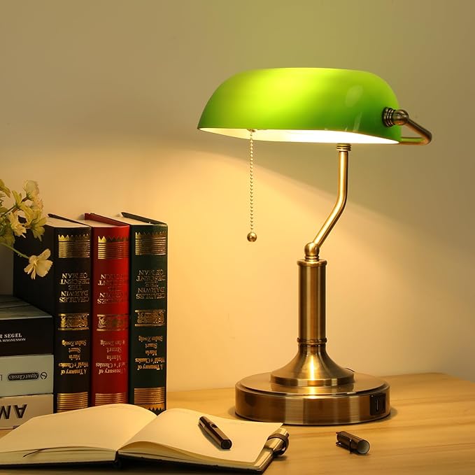 LINNMON Bankers Lamp, Green Desk Lamp with Pull Chain Switch, Retro Lamp with USB and Type C Charging Ports, Vintage Lamp for Home Office, Piano, Library (Retro)
