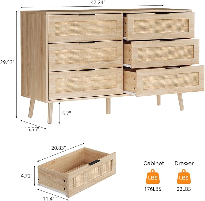 VINGIL 6 Drawer Rattan Dresser, Boho Chest of Dressers, Modern Wooden Dresser with Ample Storage, Rattan Chest of Drawers for Bedroom, Oak