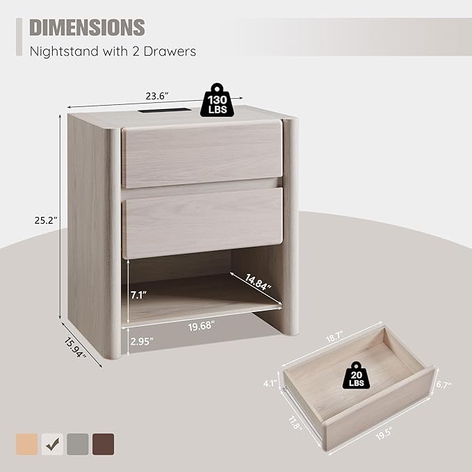 25" Tall Modern Nightstand with Charging Station, 23.6" W Nightstand with 2 Storage Drawers & Open Shelf, Wood Night Stand w/Rounded Corner Design for Bedroom, Living Room (Cream)