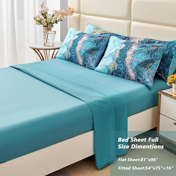 PERFEMET 6 Piece Teal Marble Comforter Set Full Watercolor Tie Dye Printing Bedding with Sheets Abstract Artwork Gold Bed in A Bag Complete Set(Teal, Full)
