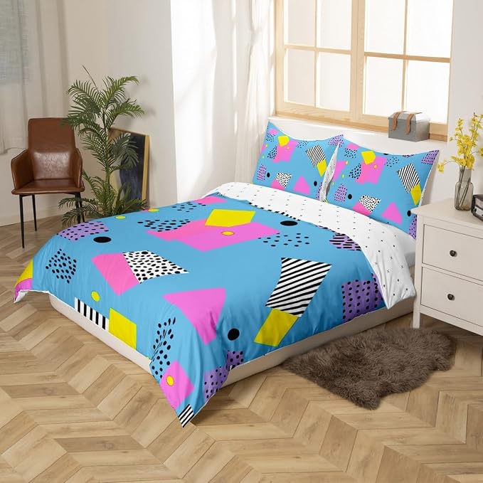 Memphis Geometric Pattern Comforter Cover Set King Size,Retro Style Round Half Moon Triangle Shapes Artwork Duvet Cover Colorful Graphic 80s 90S Style Bedding Set Abstract 1990S Memphis Home Decor