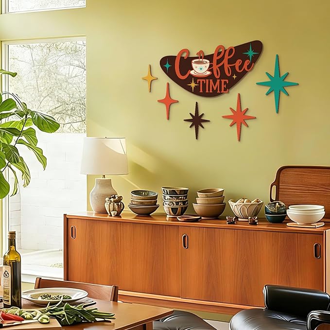 Amyhill 6 Pcs Mid Century Modern Decor Coffee Time Mcm Decor Retro Atomic Star Wall Art Sculpture, Wooden Colorful Star Wall Art Elegance Accents for Home Bar Office Room Hanging Decorations