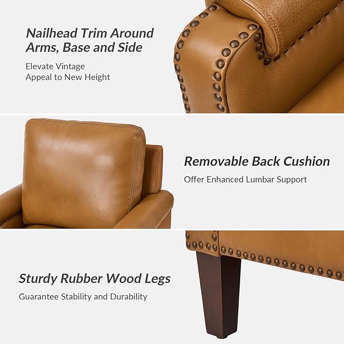 HULALA Home Genuine Leather Accent Chair with Wooden Legs & Nailhead Trim, Comfy Upholstered Armchair with Removable Cushion & Rolled Arms Set of 2 (Camel)