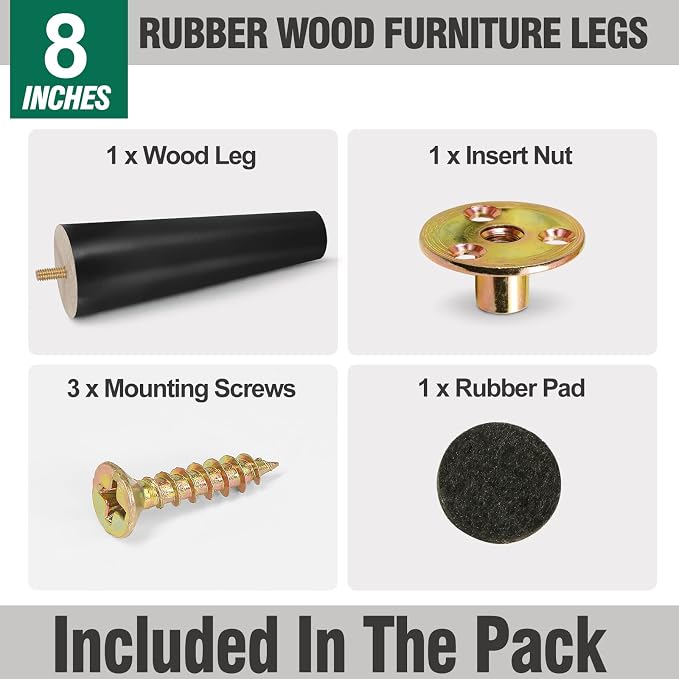 FoDau770 Black Rubber Wood Furniture Legs 8 Inches, 5/16" UNC Straight Tapered Wood Feet Mid Century Sofa Legs, Wooden Furniture Feet Replacement Parts for Cabinet Couch Dresser Chair Ottoman Table