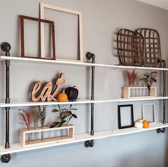 HDDFER Industrial Pipe Shelving Rustic White Pipe Wall Shelves Industrial Shelves with Wood Planks Floating Shelves 60 Inch Farmhouse Bathroom,Kitchen Shelving Wall Mounted