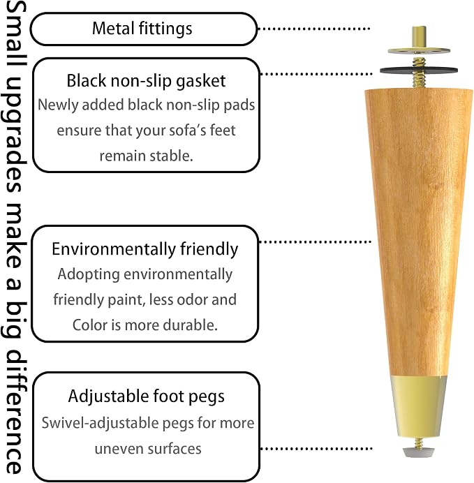 8 inch Wood Furniture Legs with Gold Caps Solid Rubber Wooden Modern Replacement Sofa Legs for Dresser Cabinet Vanity Ottoman Natural Straight Couch Legs 4 Pack