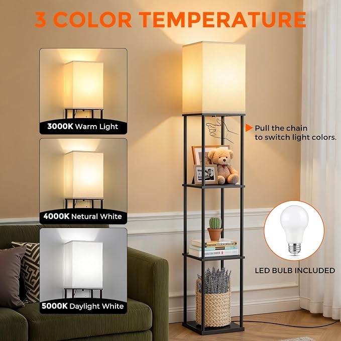 FOLKSMATE 2-Pack Floor Lamp with Shelves, 3-Tier Modern Square Bookshelf Floor Lamp, 3 Color Temperature Bulb Included, Black Floor Lamps for Living Room Bedroom Corner