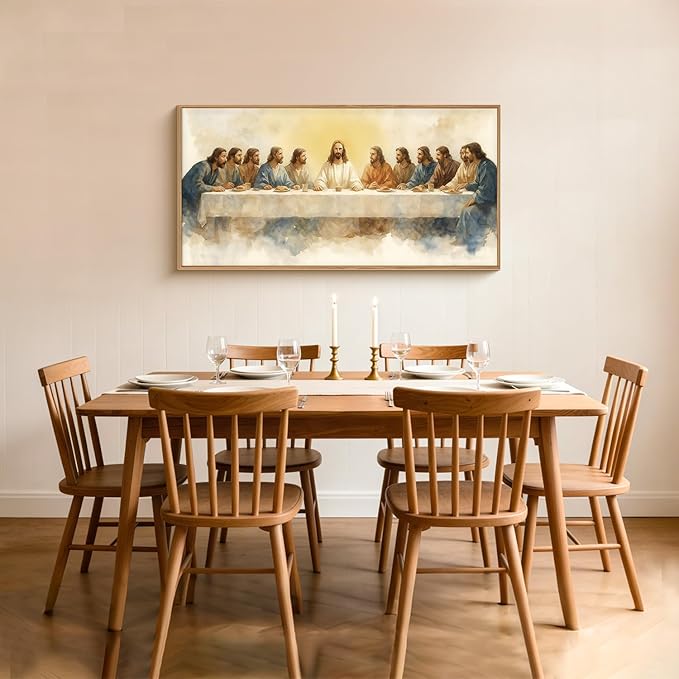 FWIEXA Jesus Last Supper Canvas Wall Art, Framed Christian Decor Painting, Religious Boho Prints, Bible Watercolor Artwork, 20x40In Verse Scripture Pictures for Living Room,Bedroom,Prayer Room