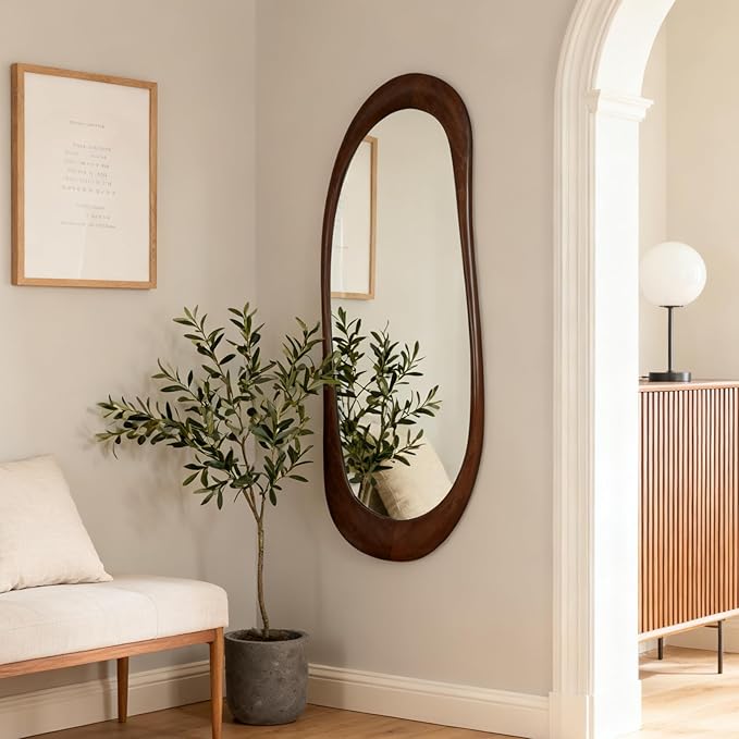 WallBeyond Asymmetrical Full Length Wooden Mirror, 22.5" x 63" Irregular Solid Wood Wall Mirror, Boho Decor for Bedroom Living Room Entryway, Mid-Century Modern, Dark Walnut