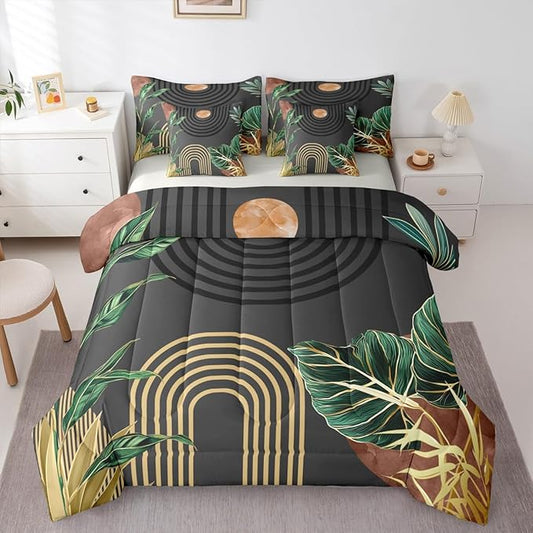 Erosebridal Mid Century Bed in A Bag 7 Pcs Brown Black Boho Geometric Comforter Set for Kids Teens Tropical Modern Palm Leaf Bedding Sets Queen Abstract Bohemian Aesthetic Sheet Set with Comforter