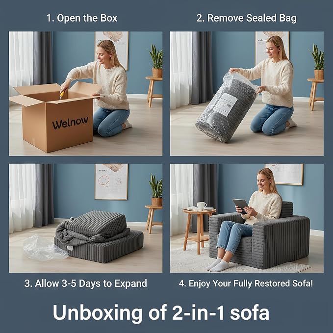 Welnow Folding Sofa Bed with Ottoman, Convertible 2-in-1 Boneless Couch Futon Lounge Chair Bed for Adults, Comfy Fold Out Sleeper Sofa for Small Spaces, Living Room, Bedroom, or Dorm, Dark Grey