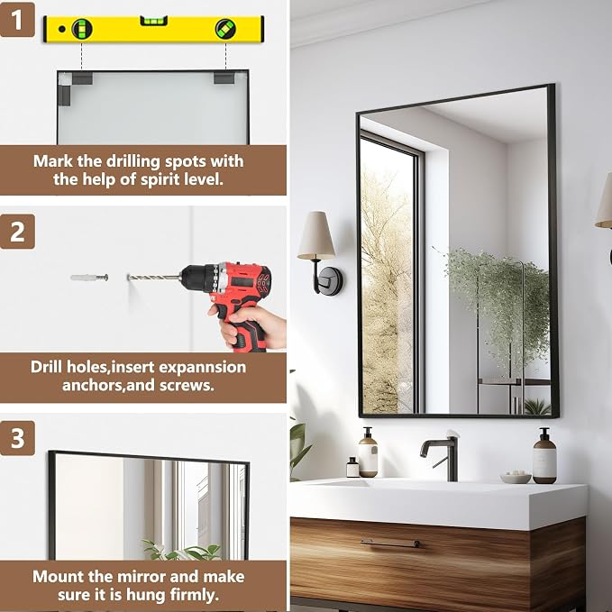 Black Bathroom Mirror, 24"x36" Rectangle Mirror, Matte Black Mirror, Metal Frame Square Corner Vanity Mirror, Wall Mounted Mirror for Modern, Living Room, Bedroom, Horizontal Or Vertical