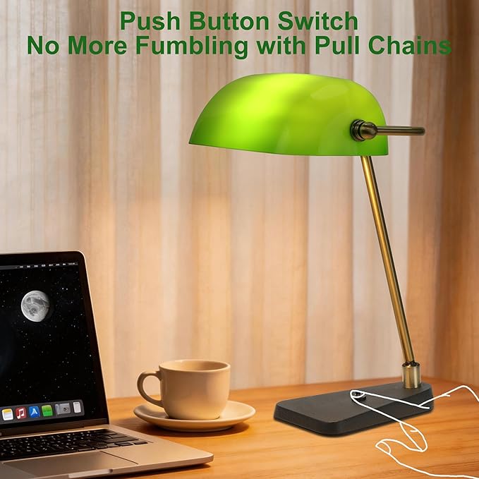 Green Bankers Desk Lamp, Antique Brass Frame & Black Base | 2.9lb Heavy Duty Cast Iron Base, 30° Swivel Head, Push Button Switch, Classic Decor for Home & Office