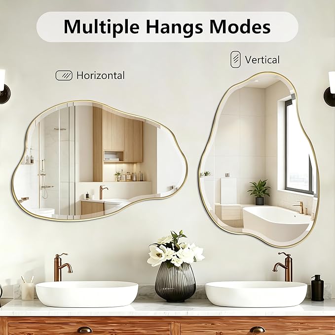POZINO Irregular Beveled Bathroom Mirror, 36" x 24" Asymmetrical Vanity Mirror with Gold Metal Frame, Cloud Shaped Wall Mirror for Bathroom Entryway Living Room Bedroom, Horizontal/Vertical Hanging
