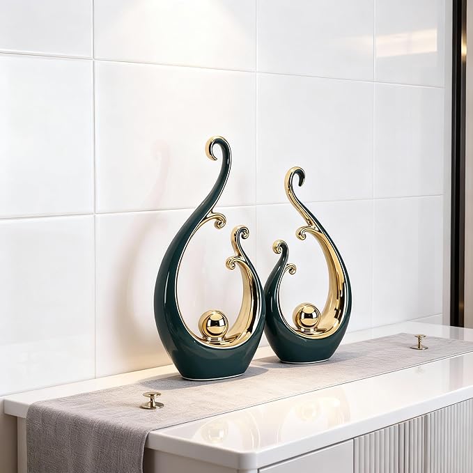 DOVDOV Green and Gold Home Decor, Abstract Ceramic 2-Piece Sculpture Set, Modern mid-Century Art Statues, Perfect for Accent Tables, countertops, Coffee Tables, and entryway Decor.