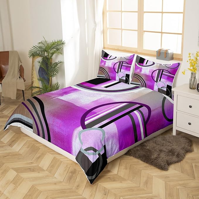 Erosebridal Ombre Purple Grey Comforter Cover Full, Oil Painting Circles Duvet Cover Bedroom Decor,Modern Geometric Stripes Lines Bedding Set,Abstract Grunge Artwork Quilt Cover 3 Pcs with Zipper