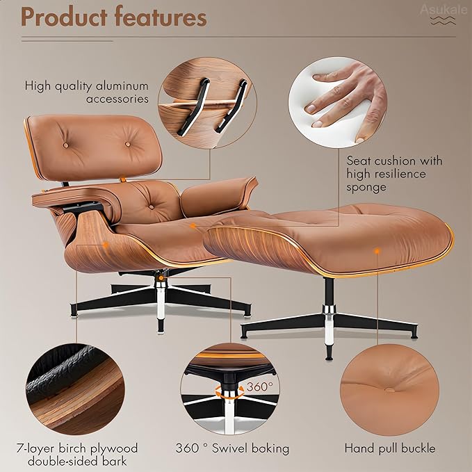 Top Grain Leather, Mid Century Chaise Lounge Chair and Ottoman, Reading Chair, Accent Chair, Modern Classic Chair, Heavy Duty Base Support for Living Room Lounge Office, Walnut-Brown, Heightening