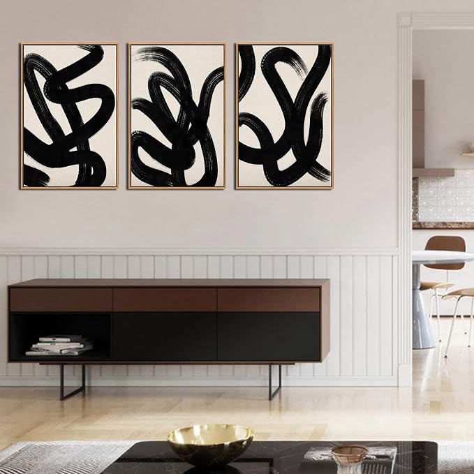 arteWOODS Framed Wall Art Canvas Abstract Lines Pictures Modern Mid Century Boho Wall Decor Minimalist Abstract Black Stroke Lines Painting Artwork Living Room Bedroom Home Office Natural 16"x24"x3pc