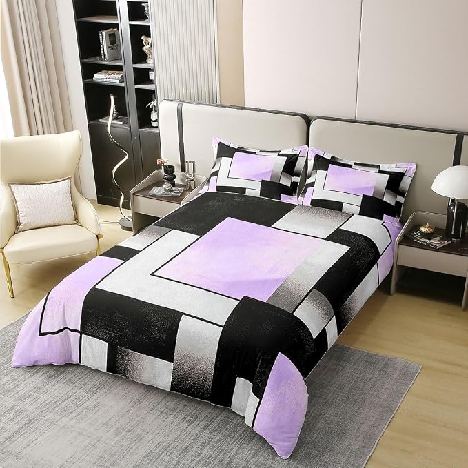 Erosebridal Purple Grey Black 100% Cotton Duvet Cover King Watercolor Geometric Bedding Set for Kids Teens Adults Patchwork Geometric Square Comforter Cover Minimalist Modern Art Bed Set 3 Pcs