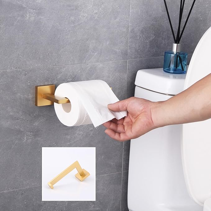 GERZWY Bathroom 3-Piece Hardware Set Gold Stainless Steel - Coat Hook Toilet Paper Holder Towel Ring IG18567-3BE