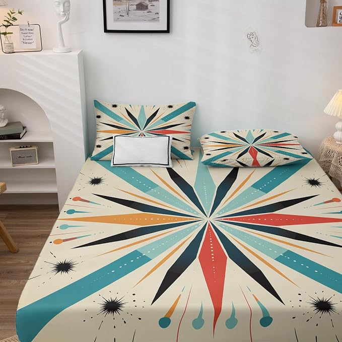 Starburst Bed Sheets Twin Size, Mid Century Modern Sheet Set, Soft Microfiber Deep Pocket Wrinkle Free Fitted Sheet & Flat Sheet & Pillowcase Sets, Retro Abstract Bedding Sheets - 3 Piece