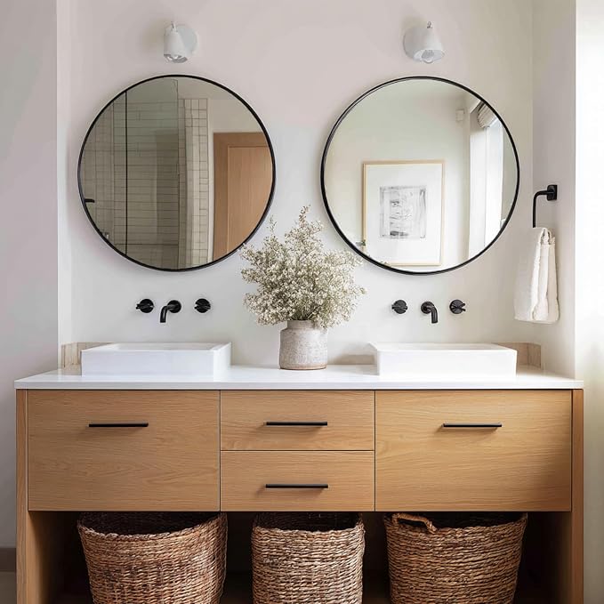 Sunniry Black Round Mirror 24 inch, 2 Pack Black Circle Mirror, Round Wall Mirrors Metal Frame for Bathroom, Bedroom, Living Room, Hallway.