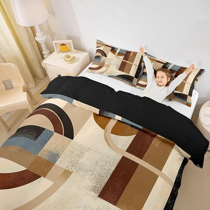 Geometric Striped Circle Duvet Cover Set Full Size,Abstract Graffiti Retro Art Bedding Set,Boys Girls Room Decor,Minimalist Aesthetic Chic Comforter Cover,Brown Quilt Cover,2 Pillowcases(No Filler)