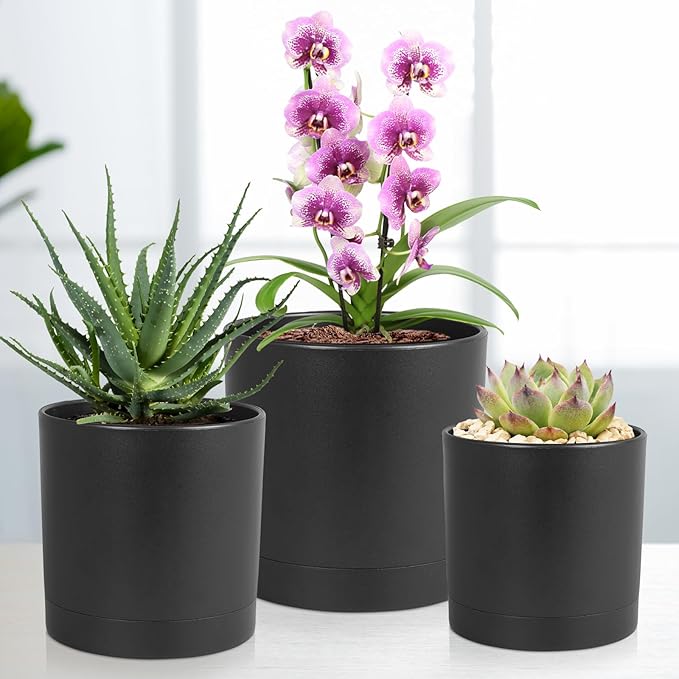 Meowell 6/5/4 inch Flower Pots, Set of 3 Cylinder Plant Pots for Small Indoor Outdoor Plants, Plastic Planters with Drainage Holes and Saucers for Garden Succulent Nursery House Plants, Black