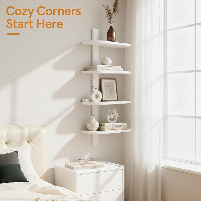 Afuly White Floating Shelves for Wall Display Shelf Unit Modern Decorative Solid Wood Shelving Home Decor Living Room Bedroom Coffee Bar Bathroom Small Space Plant Photo Set of 4
